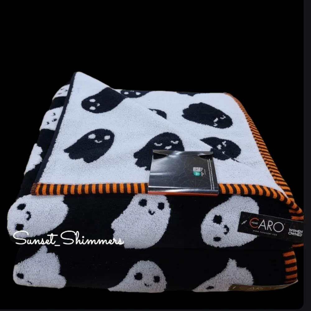4pc Halloween Ghost Black White Orange Plush Bath & Hand Towel Set Caro Home New